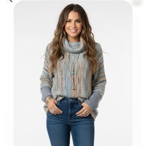 Coco Y Club Sweater Turtleneck Blue Peach Tunic Stripes Boho Rag Granola M